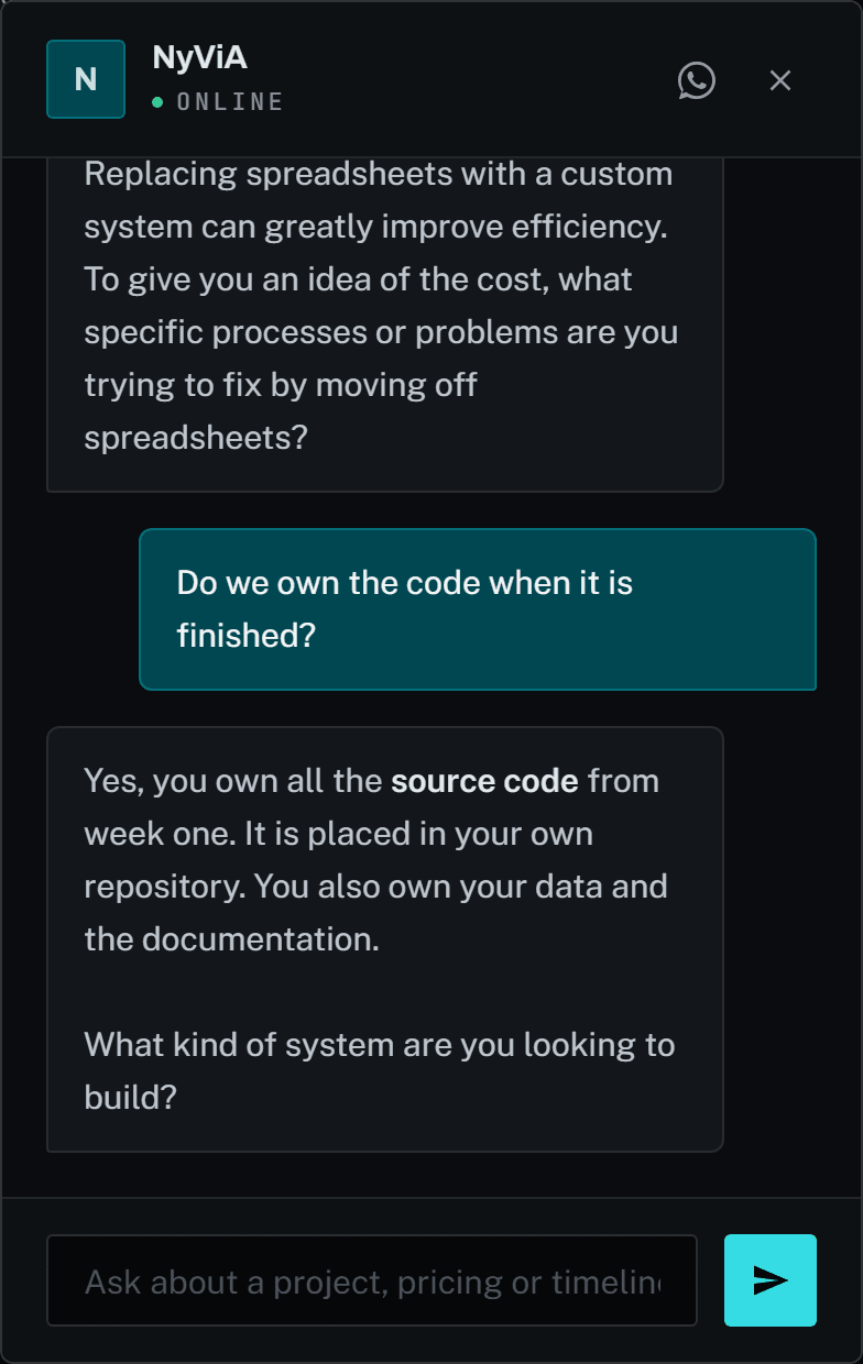 The NyViA assistant answering two questions on the LENCOE website. It asks a follow-up question about which processes need fixing before quoting, then confirms that the client owns all source code from week one, in their own repository, along with their data and documentation.